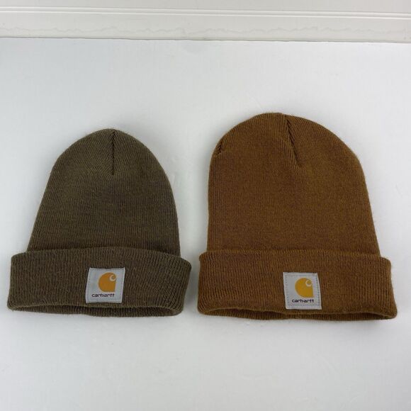 Lot of 2 Vintage Carhartt Beanie Hat Watch Cap Brown Green Knit USA Acrylic A18 - Picture 2 of 10